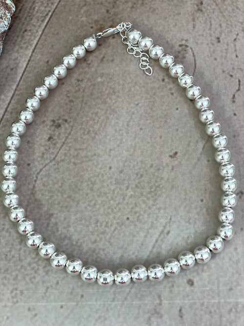 Handmade Sterling Silver 8MM + 2” Beaded Necklace with Signed Nizhoni