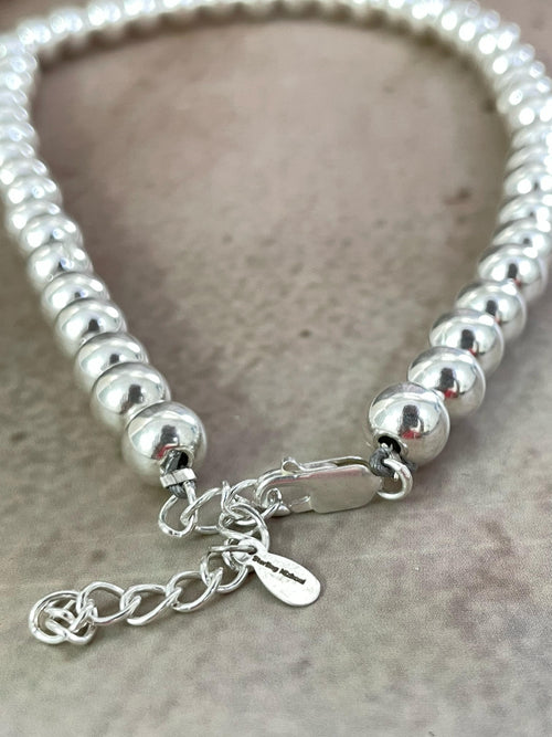 Handmade Sterling Silver 8MM + 2” Beaded Necklace with Signed Nizhoni