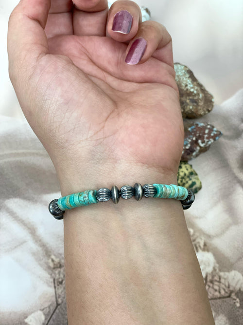 Handmade Sterling Silver Kingman Turquoise Beaded Bracelet with Signed Nizhoni