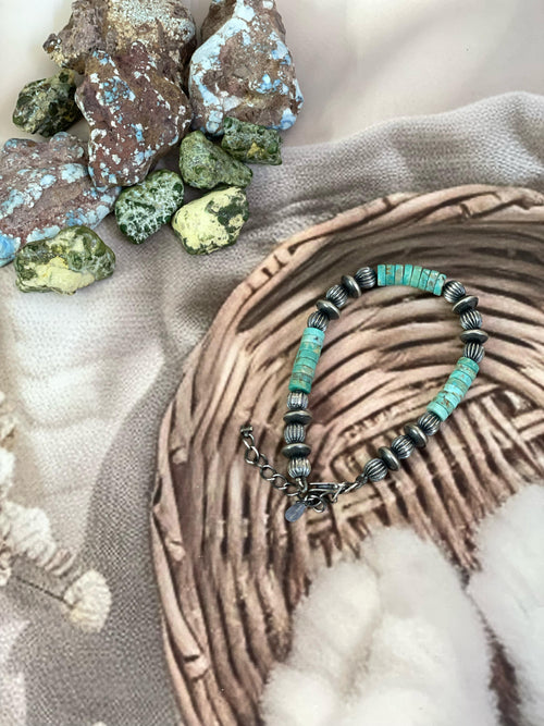 Handmade Sterling Silver Kingman Turquoise Beaded Bracelet with Signed Nizhoni