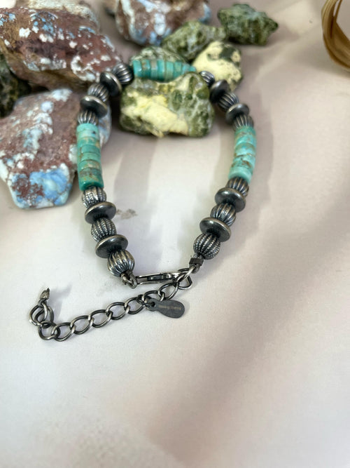 Handmade Sterling Silver Kingman Turquoise Beaded Bracelet with Signed Nizhoni