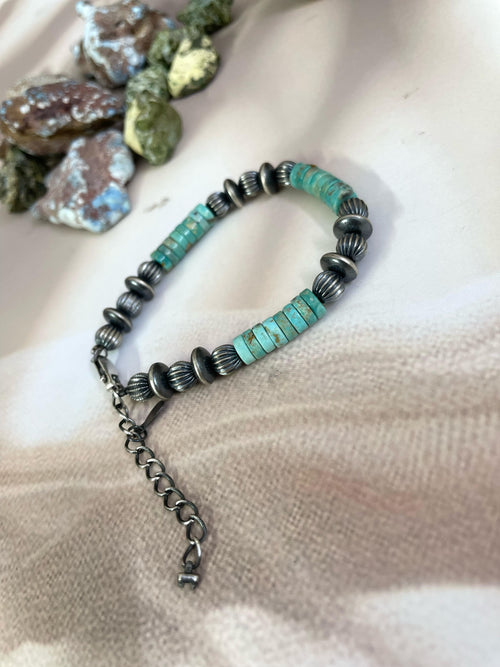 Handmade Sterling Silver Kingman Turquoise Beaded Bracelet with Signed Nizhoni