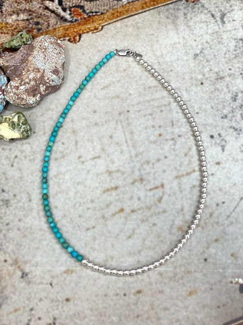 Handmade Sterling Silver Kingman Turquoise 4MM Necklace with Silver Beads, Signed Nizhoni