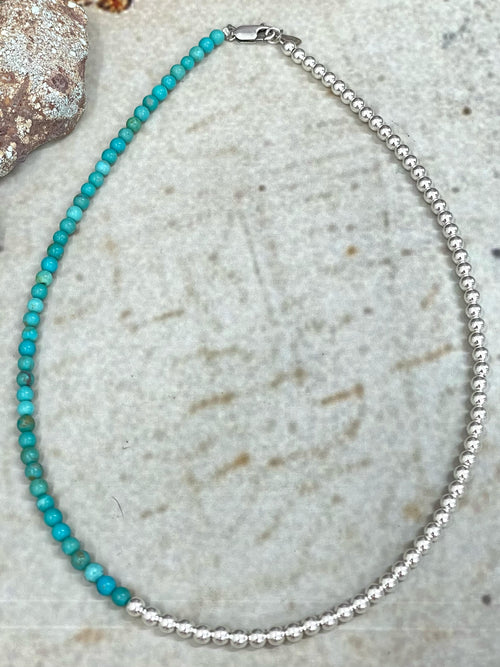 Handmade Sterling Silver Kingman Turquoise 4MM Necklace with Silver Beads, Signed Nizhoni