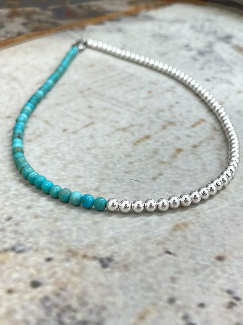 Handmade Sterling Silver Kingman Turquoise 4MM Necklace with Silver Beads, Signed Nizhoni