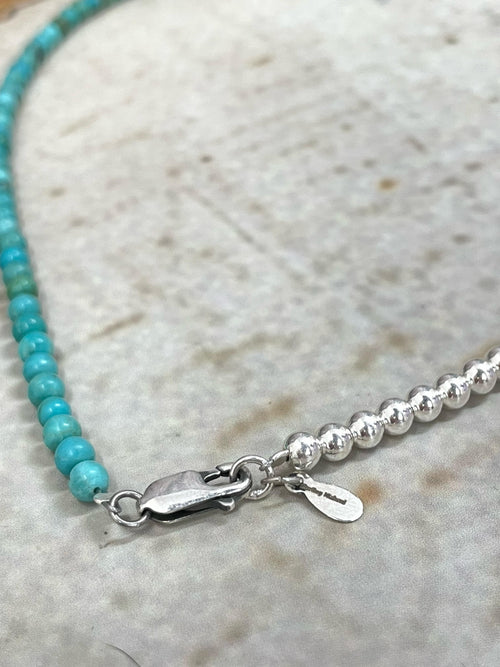 Handmade Sterling Silver Kingman Turquoise 4MM Necklace with Silver Beads, Signed Nizhoni