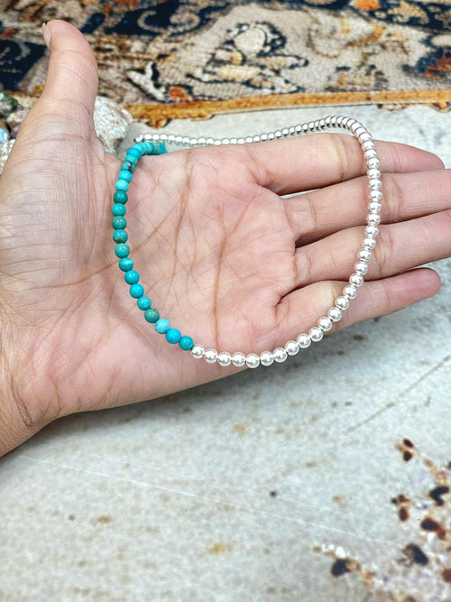 Handmade Sterling Silver Kingman Turquoise 4MM Necklace with Silver Beads, Signed Nizhoni