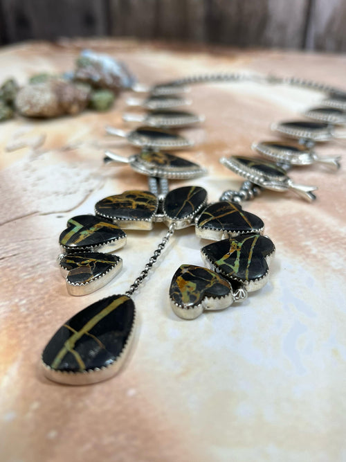 Handmade Sterling Silver Blackjack Turquoise Squash Blossom Necklace Signed Nizhoni