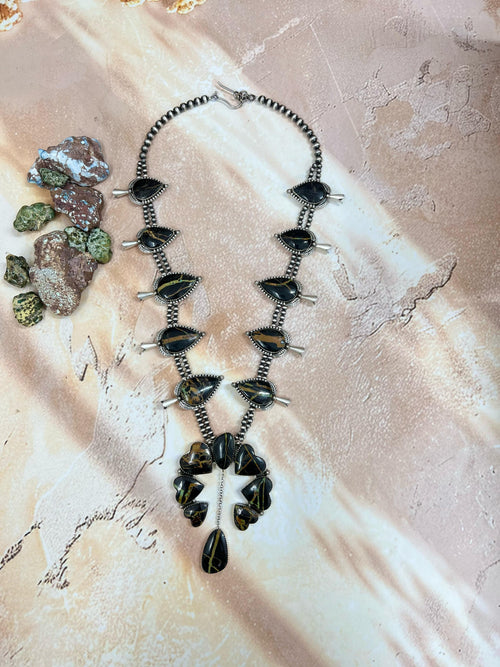 Handmade Sterling Silver Blackjack Turquoise Squash Blossom Necklace Signed Nizhoni