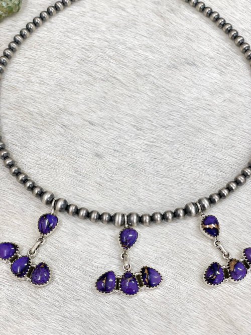 Handmade Sterling Silver Grape Dahlia Beaded Necklace with Signed Nizhoni