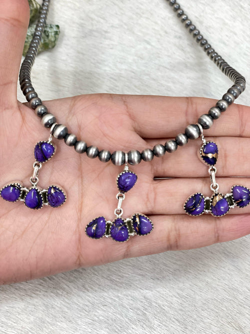 Handmade Sterling Silver Grape Dahlia Beaded Necklace with Signed Nizhoni
