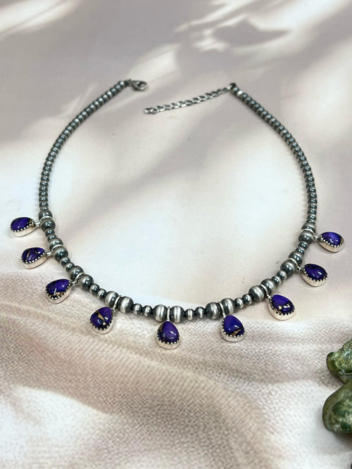 Handmade Sterling Silver Grape Dahlia Beaded Necklace with Signed Nizhoni