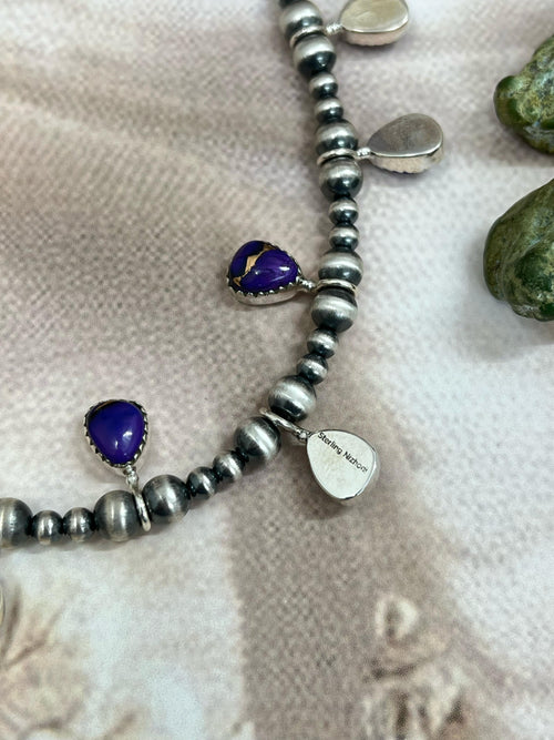 Handmade Sterling Silver Grape Dahlia Beaded Necklace with Signed Nizhoni