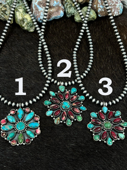 Handmade Sterling Silver Dahlia Rose with Emerald Valley Turquoise Beaded/ Flower Necklace, Signed Nizhoni