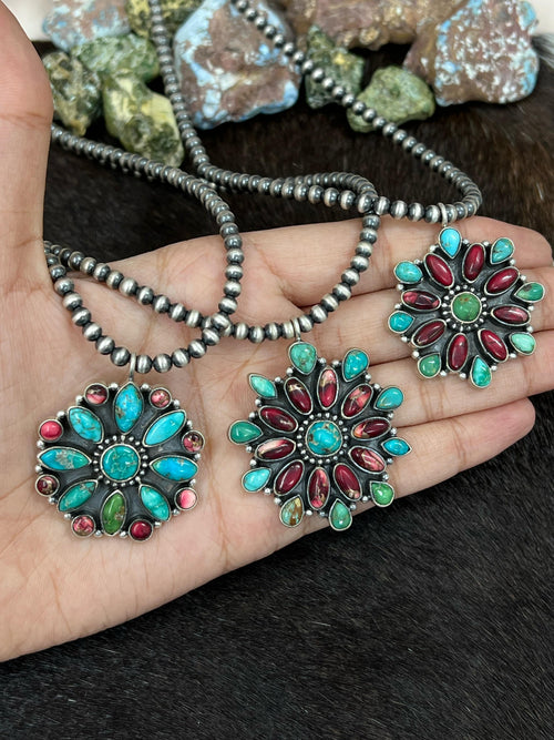 Handmade Sterling Silver Dahlia Rose with Emerald Valley Turquoise Beaded/ Flower Necklace, Signed Nizhoni