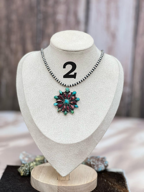 Handmade Sterling Silver Dahlia Rose with Emerald Valley Turquoise Beaded/ Flower Necklace, Signed Nizhoni