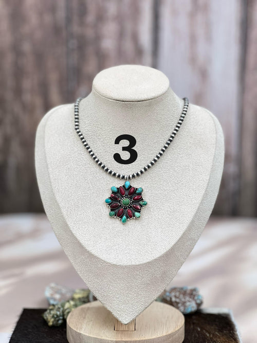 Handmade Sterling Silver Dahlia Rose with Emerald Valley Turquoise Beaded/ Flower Necklace, Signed Nizhoni
