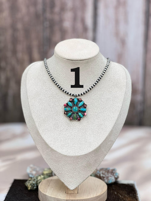 Handmade Sterling Silver Dahlia Rose with Emerald Valley Turquoise Beaded/ Flower Necklace, Signed Nizhoni