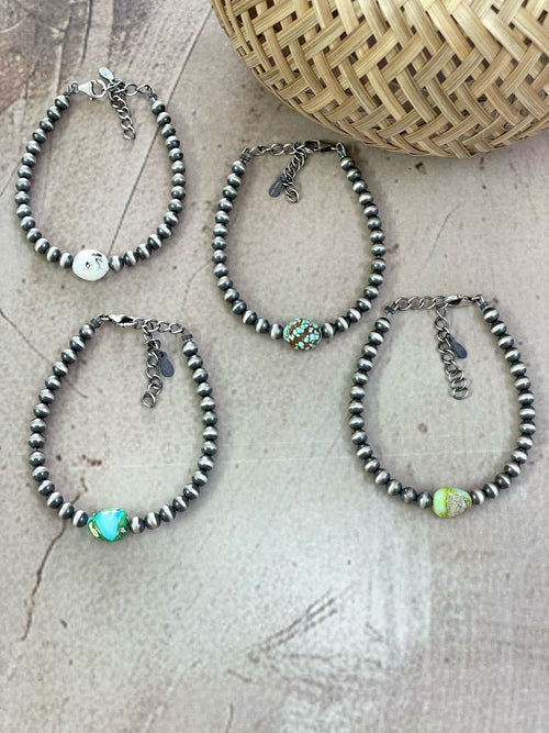 Handmade Sterling Silver Multi Stone Beaded Bracelet with Signed Nizhoni