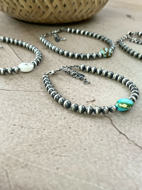 Handmade Sterling Silver Multi Stone Beaded Bracelet with Signed Nizhoni