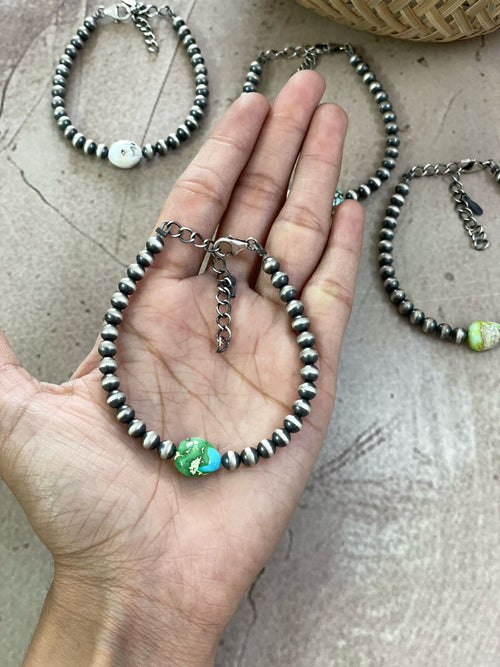 Handmade Sterling Silver Multi Stone Beaded Bracelet with Signed Nizhoni