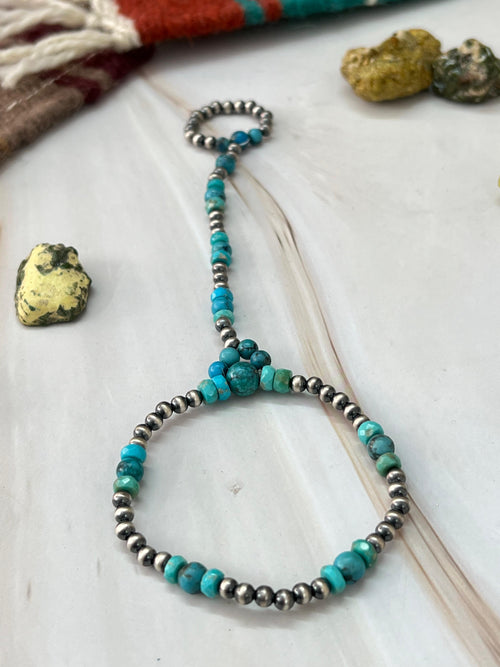 Handmade Sterling Silver Kingman Turquoise Beaded Hand Harness