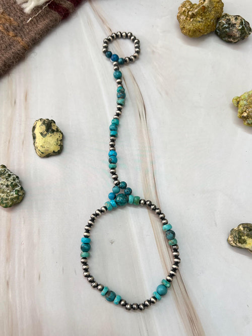 Handmade Sterling Silver Kingman Turquoise Beaded Hand Harness