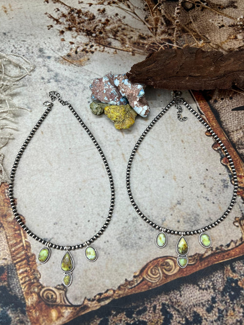 Handmade Sterling Silver Palomino Turquoise Beaded Necklace with Signed Nizhoni