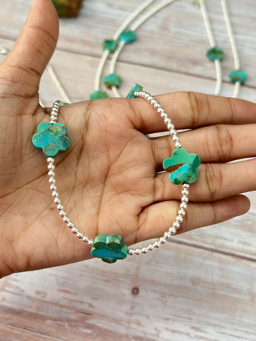 Handmade Sterling Silver Kingman Turquoise Beaded Flower Necklace