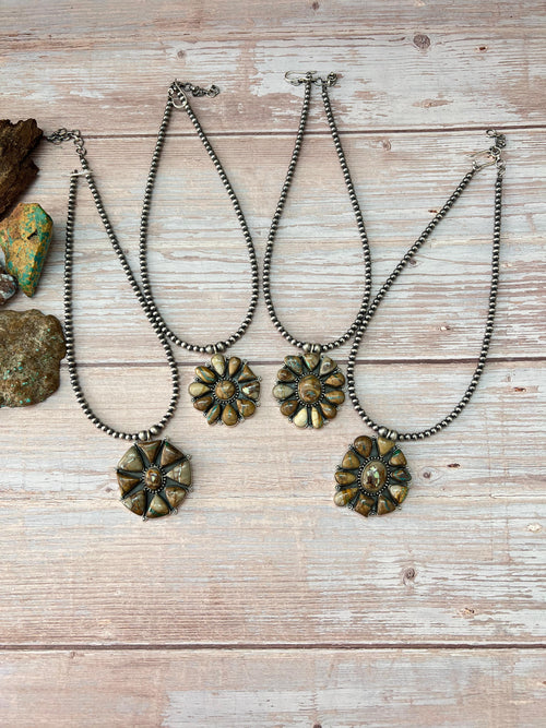 Handmade Sterling Silver Royston Ribbon Turquoise Beaded Necklace with Signed Nizhoni