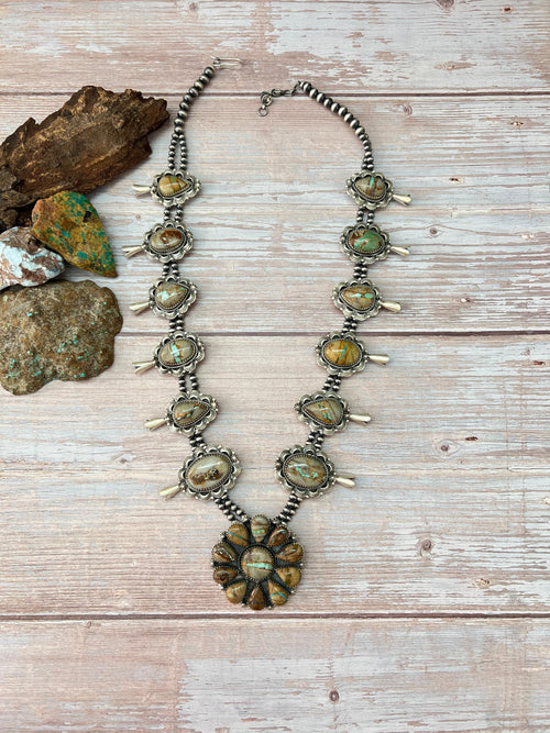 Handmade Sterling Silver Royston Ribbon Turquoise Beaded Squash Blossom Necklace with Signed Nizhoni