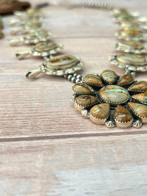 Handmade Sterling Silver Royston Ribbon Turquoise Beaded Squash Blossom Necklace with Signed Nizhoni