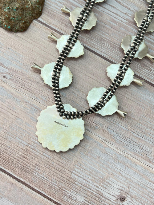 Handmade Sterling Silver Royston Ribbon Turquoise Beaded Squash Blossom Necklace with Signed Nizhoni