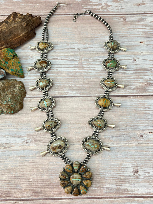 Handmade Sterling Silver Royston Ribbon Turquoise Beaded Squash Blossom Necklace with Signed Nizhoni