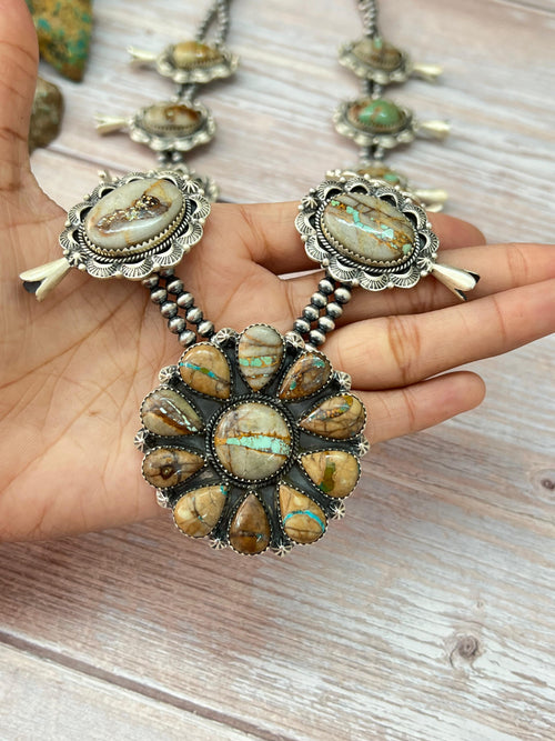 Handmade Sterling Silver Royston Ribbon Turquoise Beaded Squash Blossom Necklace with Signed Nizhoni