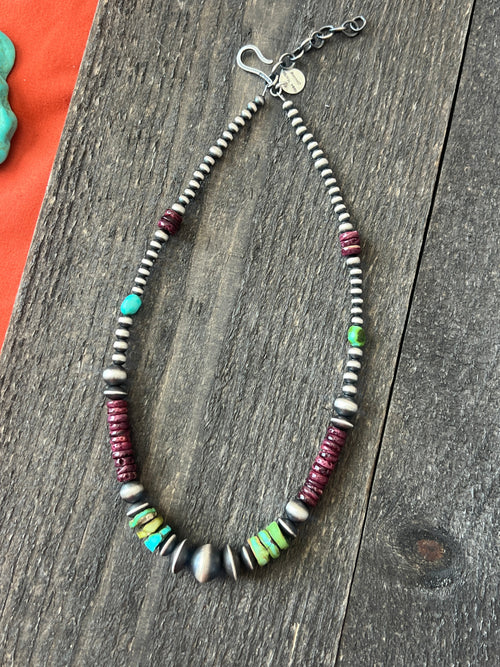 Navajo Electric Rainbow Sterling Silver, Turquoise and Purple Spiny Oyster Single Strand Beaded Necklace by Rose Martin, 16 + 2 Inches