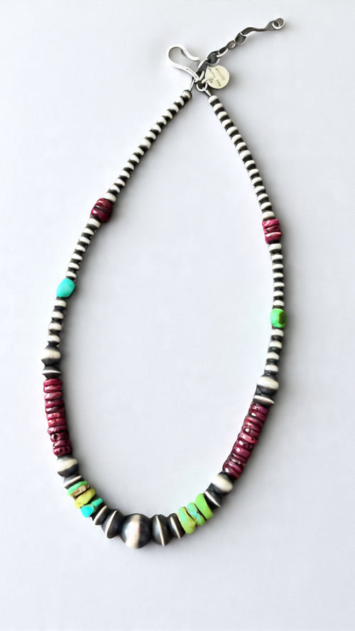 Navajo Electric Rainbow Sterling Silver, Turquoise and Purple Spiny Oyster Single Strand Beaded Necklace by Rose Martin, 16 + 2 Inches