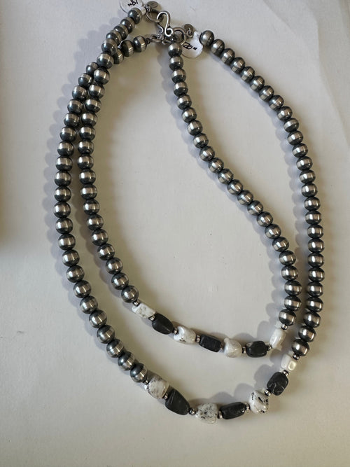 Handcrafted Pearl Sterling Silver & White Buffalo Beaded Necklace 14-20 Inch