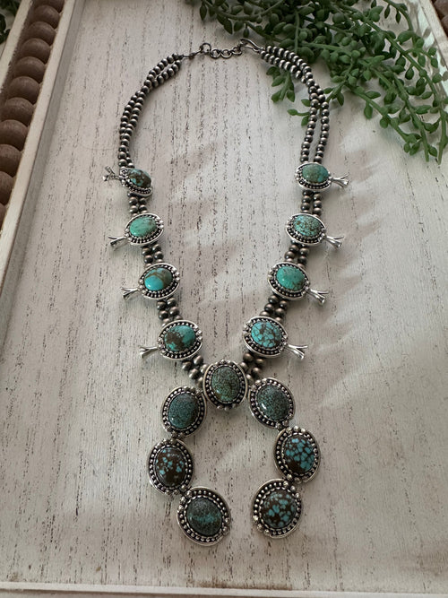 Handmade Sterling Silver & Natural Number 8 Turquoise Squash Blossom Necklace Signed Nizhoni