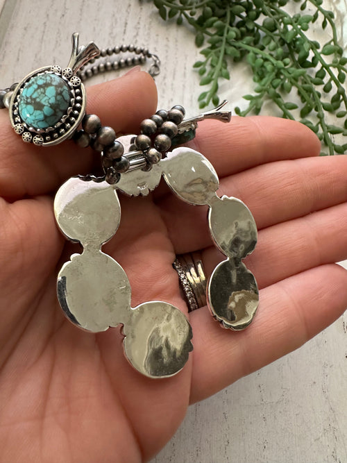 Handmade Sterling Silver & Natural Number 8 Turquoise Squash Blossom Necklace Signed Nizhoni