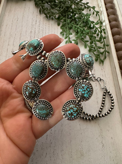 Handmade Sterling Silver & Natural Number 8 Turquoise Squash Blossom Necklace Signed Nizhoni