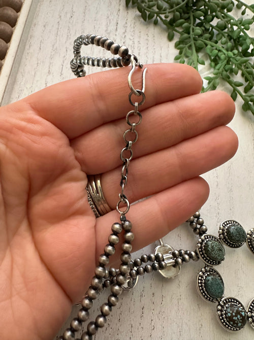 Handmade Sterling Silver & Natural Number 8 Turquoise Squash Blossom Necklace Signed Nizhoni