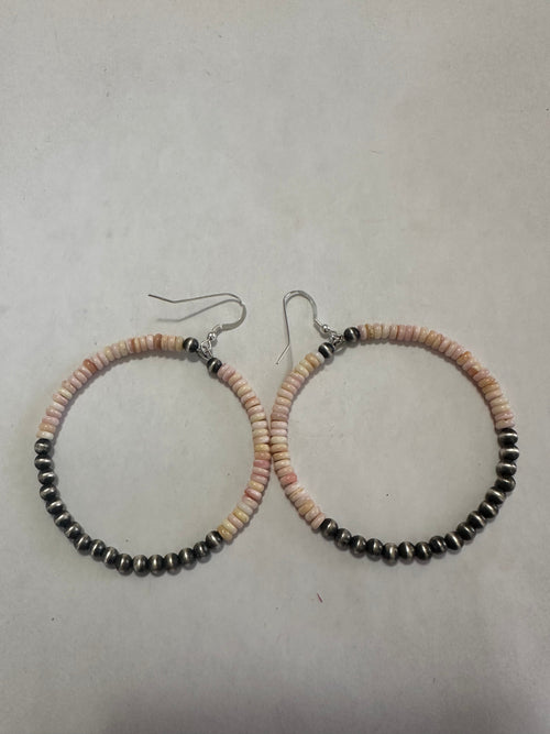 “Pink October” Navajo Pink Conch & Sterling Silver Beaded Hoop Earrings