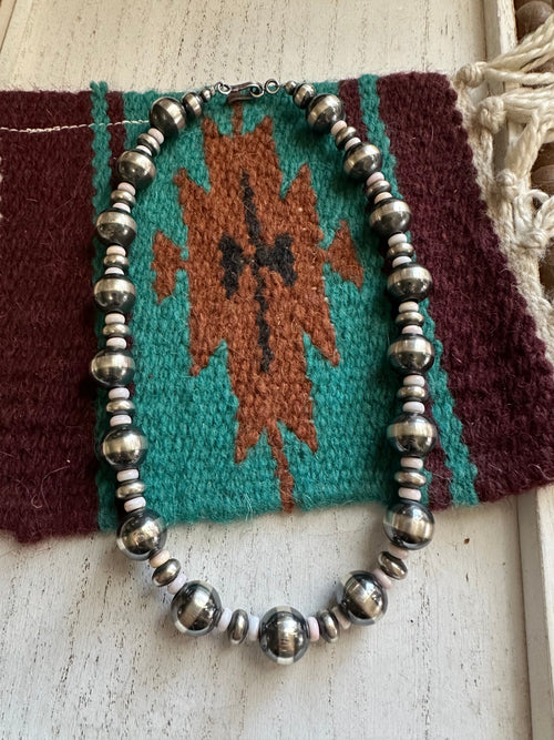 Handcrafted Pink Conch & Sterling Silver Beaded Necklace 18”