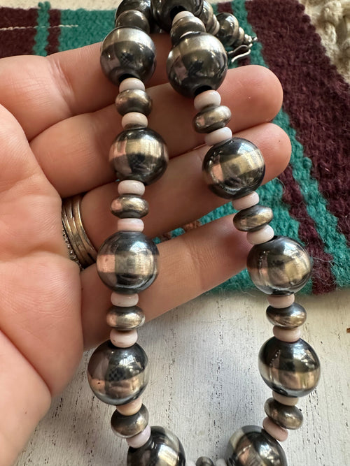 Handcrafted Pink Conch & Sterling Silver Beaded Necklace 18”