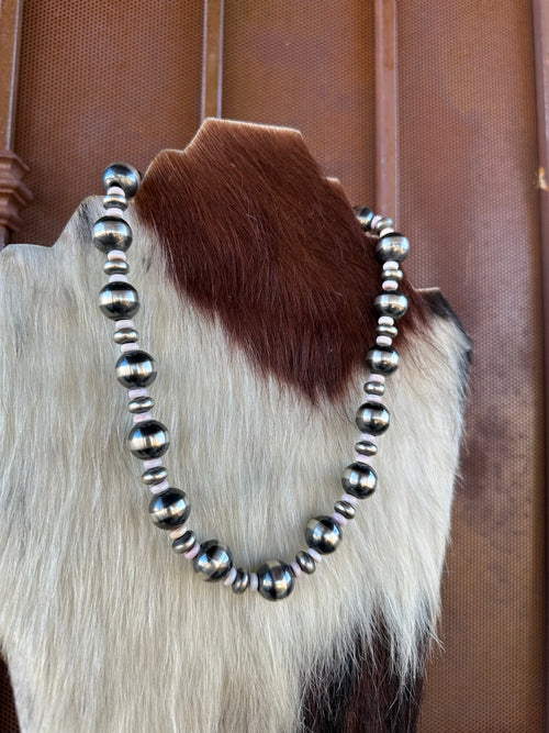 Handcrafted Pink Conch & Sterling Silver Beaded Necklace 18”