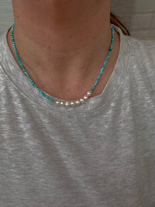 “The Golden Collection” Handmade Turquoise & Pearl Beaded Gold Plated Necklace