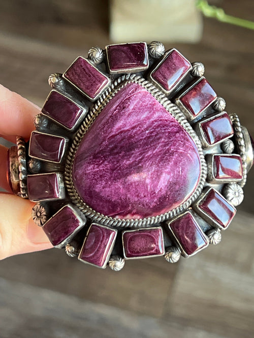 Handcrafted Sterling Silver and Purple Spiny Oyster Shell Cuff Bracelet by Tyler Brown /