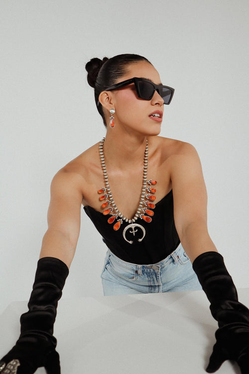 Navajo Orange Spiny And Sterling Silver Squash Blossom Necklace Earrings Set By Selena Warner