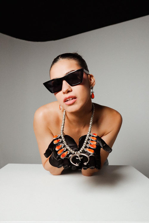 Navajo Orange Spiny And Sterling Silver Squash Blossom Necklace Earrings Set By Selena Warner